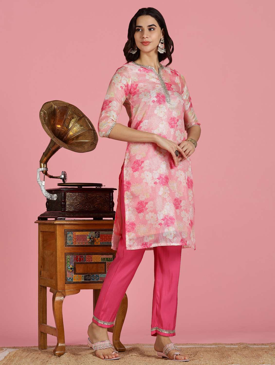 women floral three quarter sleeve kurta pant set - 22083649 -  Standard Image - 3