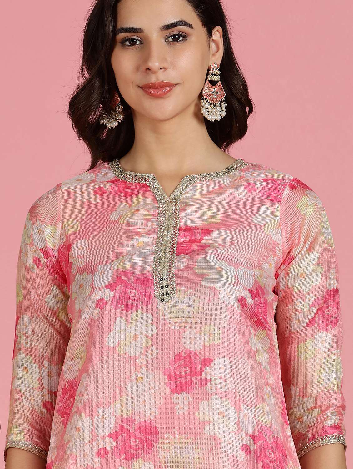 women floral three quarter sleeve kurta pant set - 22083649 -  Standard Image - 5