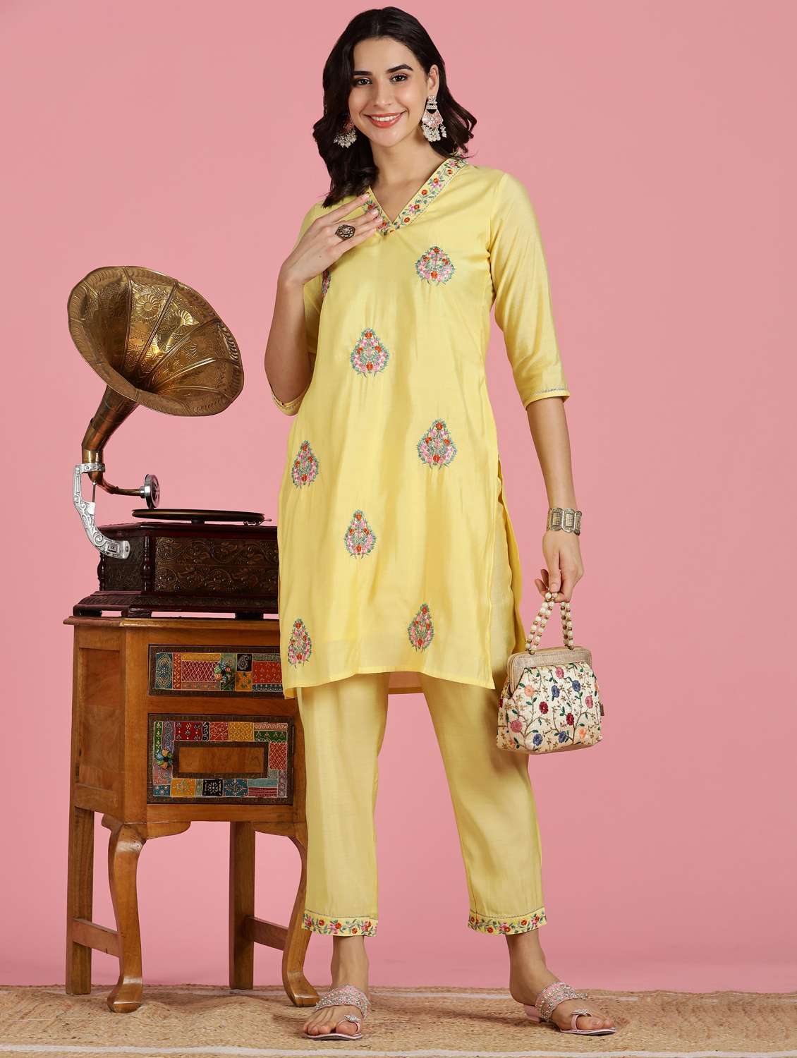 women embroidered three quarter sleeve kurta pant set