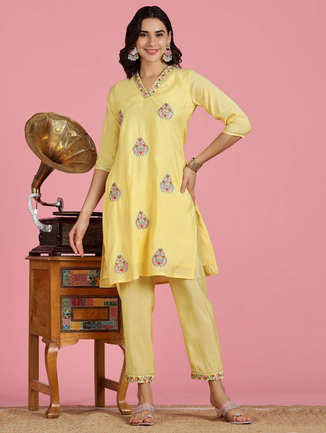 women embroidered three quarter sleeve kurta pant set - 22083652 -  Standard Image - 3