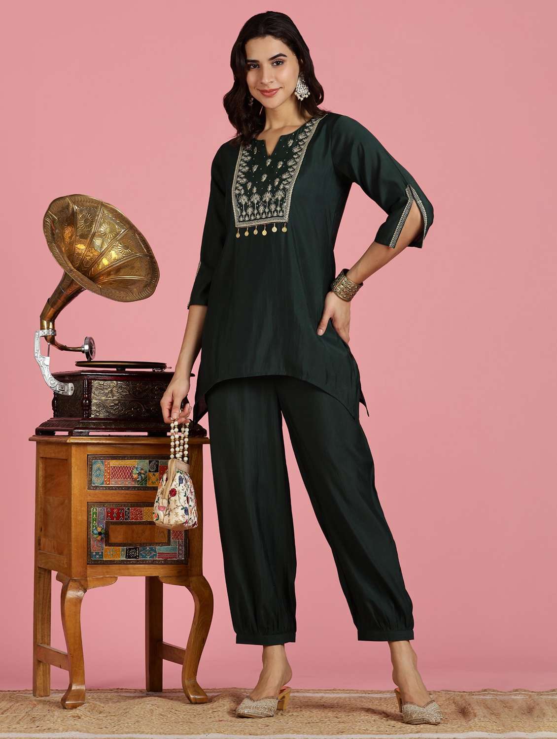 women embroidered three quarter sleeve ethnic co-ord set - 22083653 -  Standard Image - 3