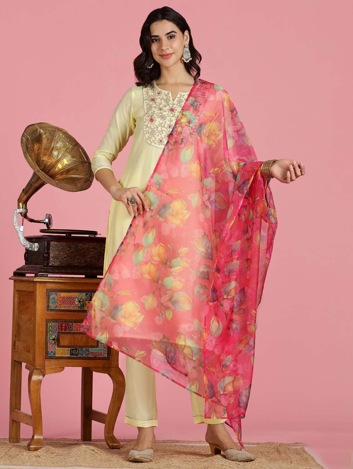 women embroidered three quarter sleeve kurta pant with dupatta set