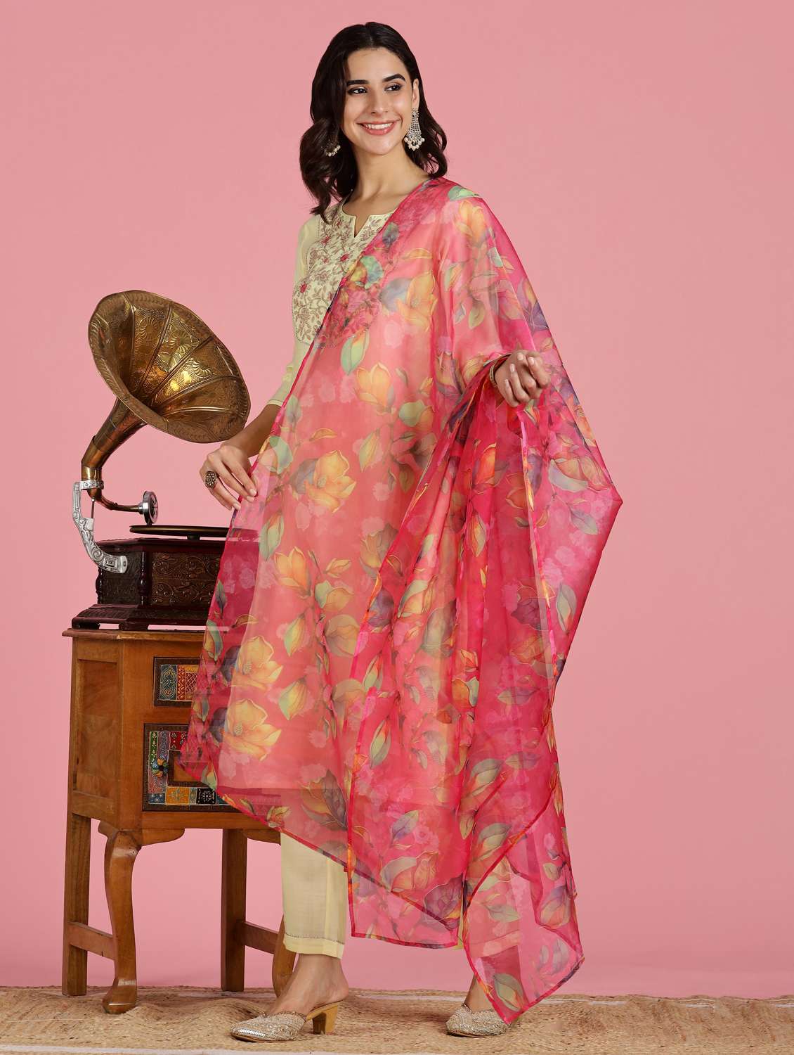 women embroidered three quarter sleeve kurta pant with dupatta set - 22083654 -  Standard Image - 3