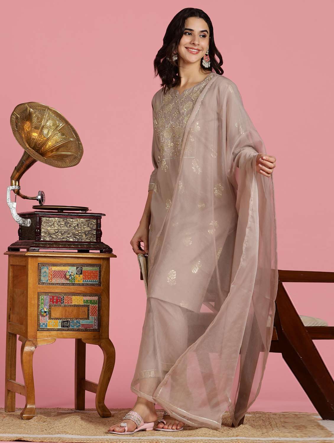 women embroidered three quarter sleeve kurta pant with dupatta set - 22083656 -  Standard Image - 3