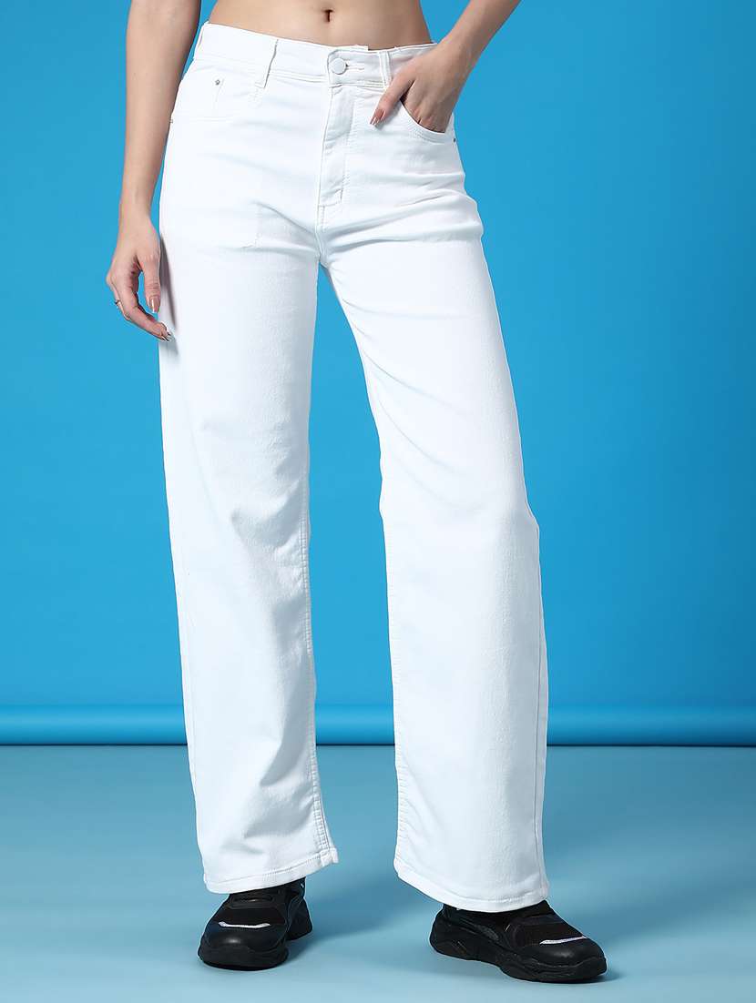 women solid high rise straight fit jean