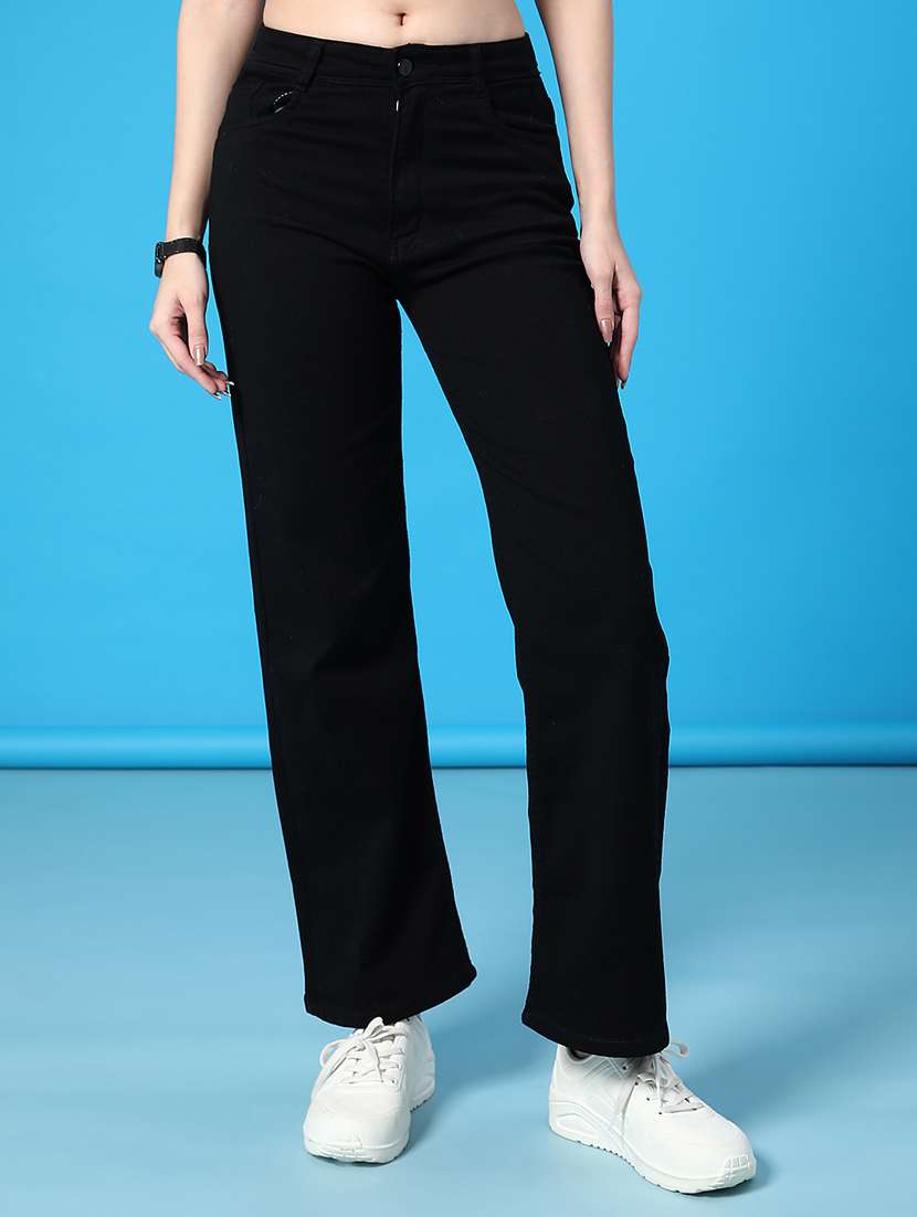 women solid high rise straight fit jean