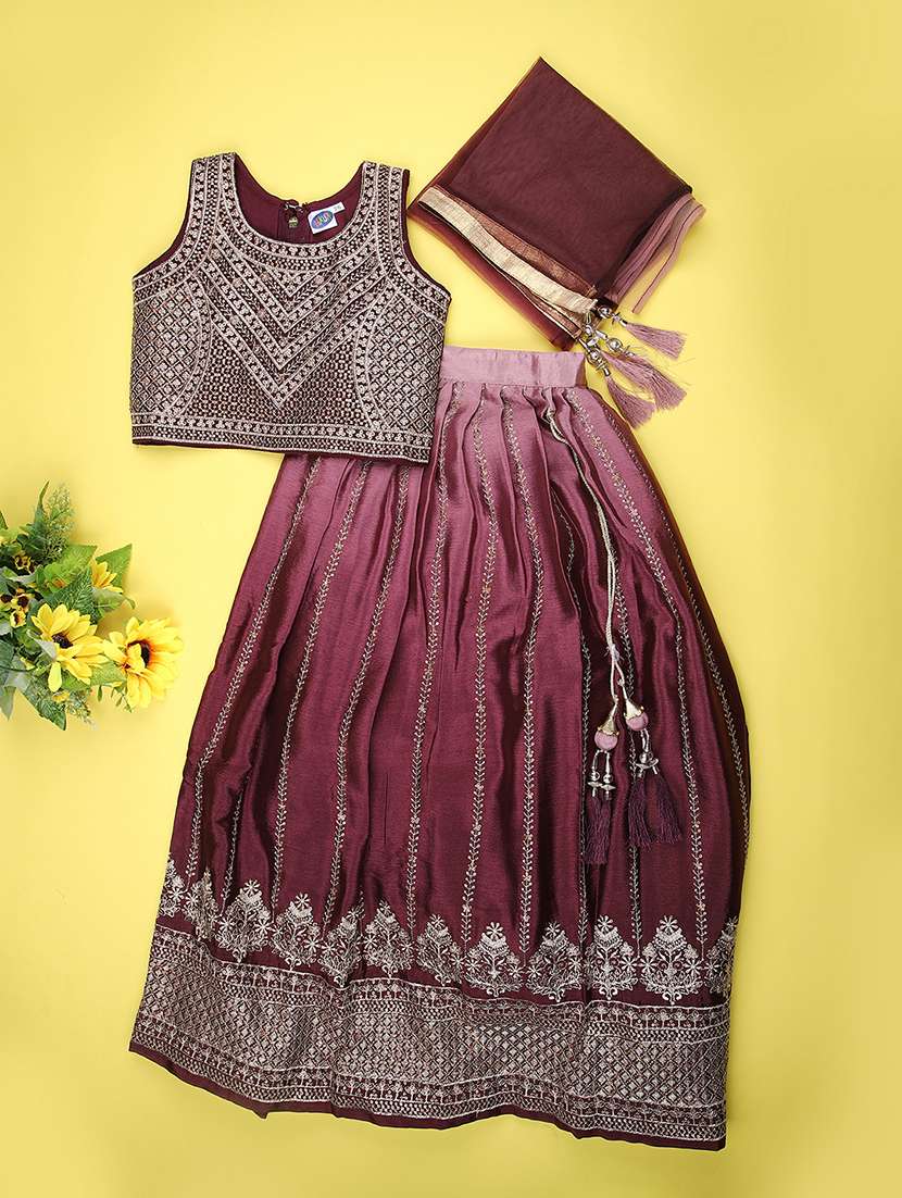 girls solid with work sleeveless lehenga choli set