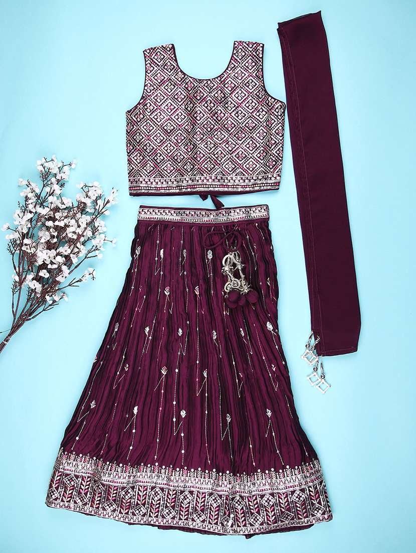 girls embroidered sleeveless lehenga and choli with dupatta