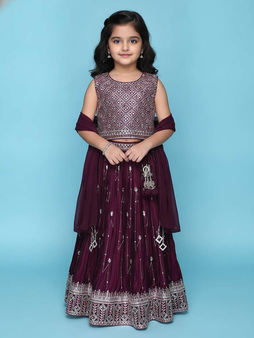 girls embroidered sleeveless lehenga and choli with dupatta