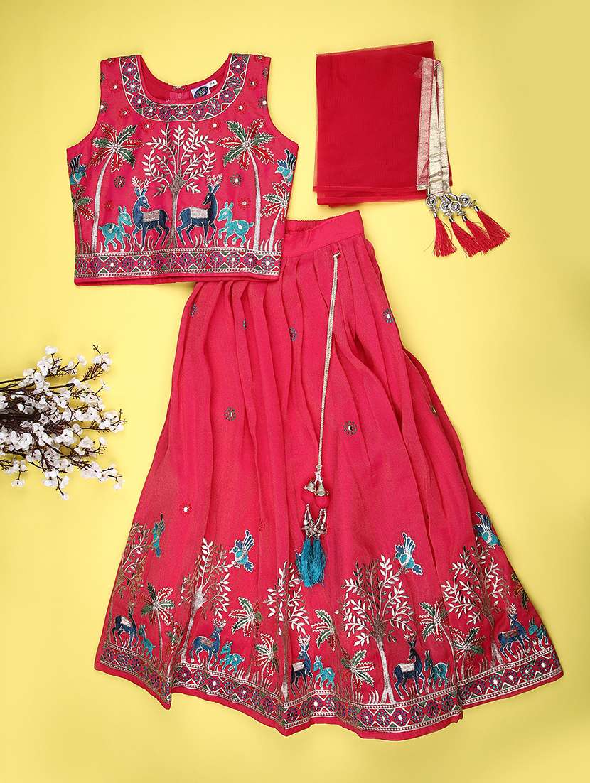girls solid with work sleeveless lehenga choli set