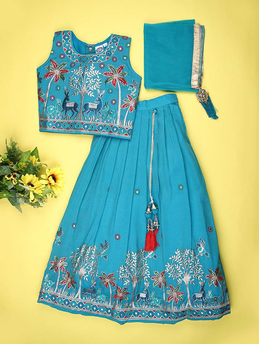 girls solid with work sleeveless lehenga choli set