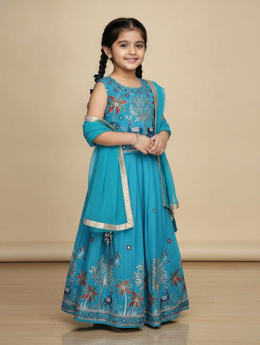 girls solid with work sleeveless lehenga choli set