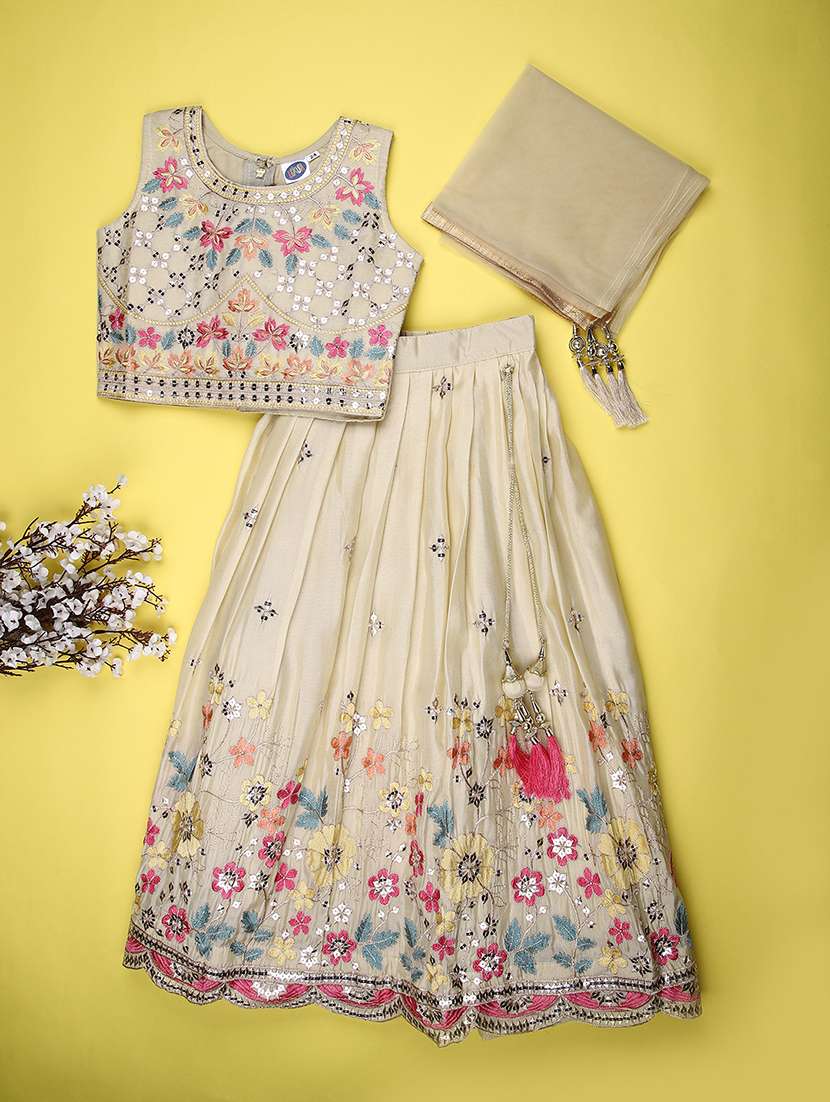 girls solid with work sleeveless lehenga choli set