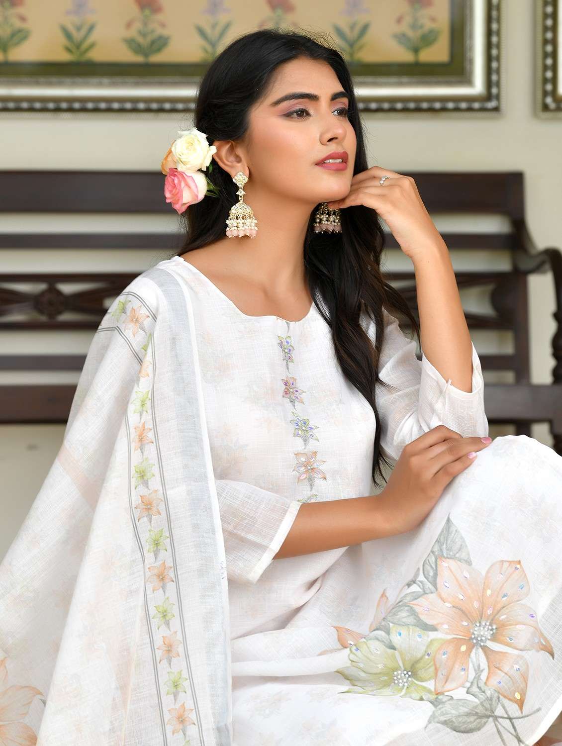 women floral three quarter sleeve kurta pant with dupatta set - 22083995 - Standard Image - 3