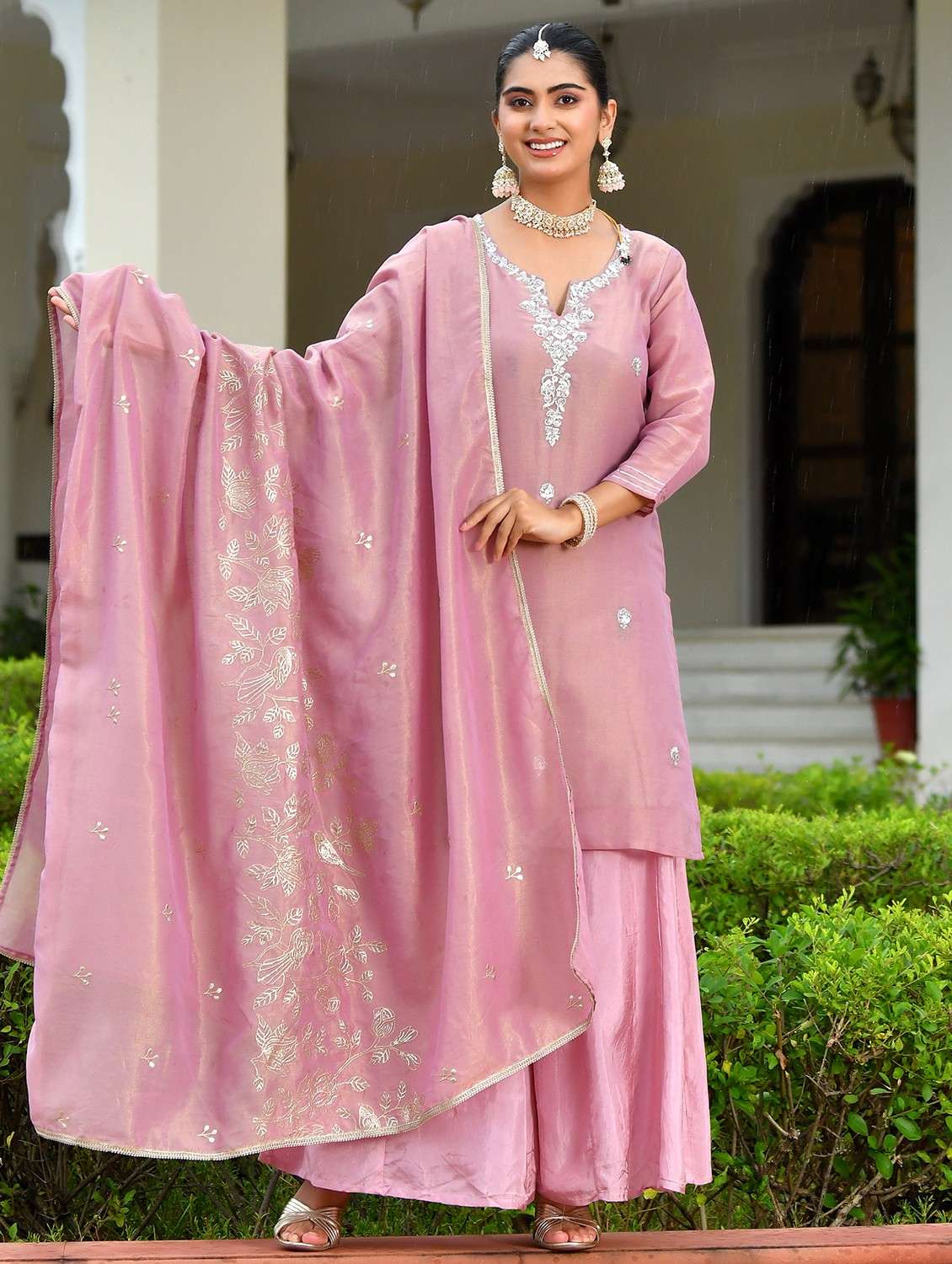 women three quarter sleeve kurta sharara with dupatta set