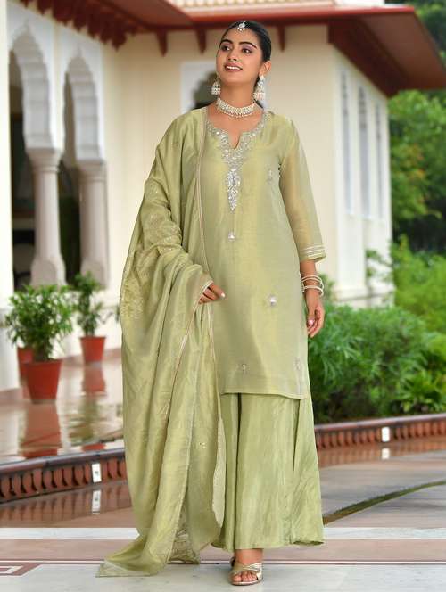 women three quarter sleeve kurta sharara with dupatta set - 22084014 -  Standard Image - 0