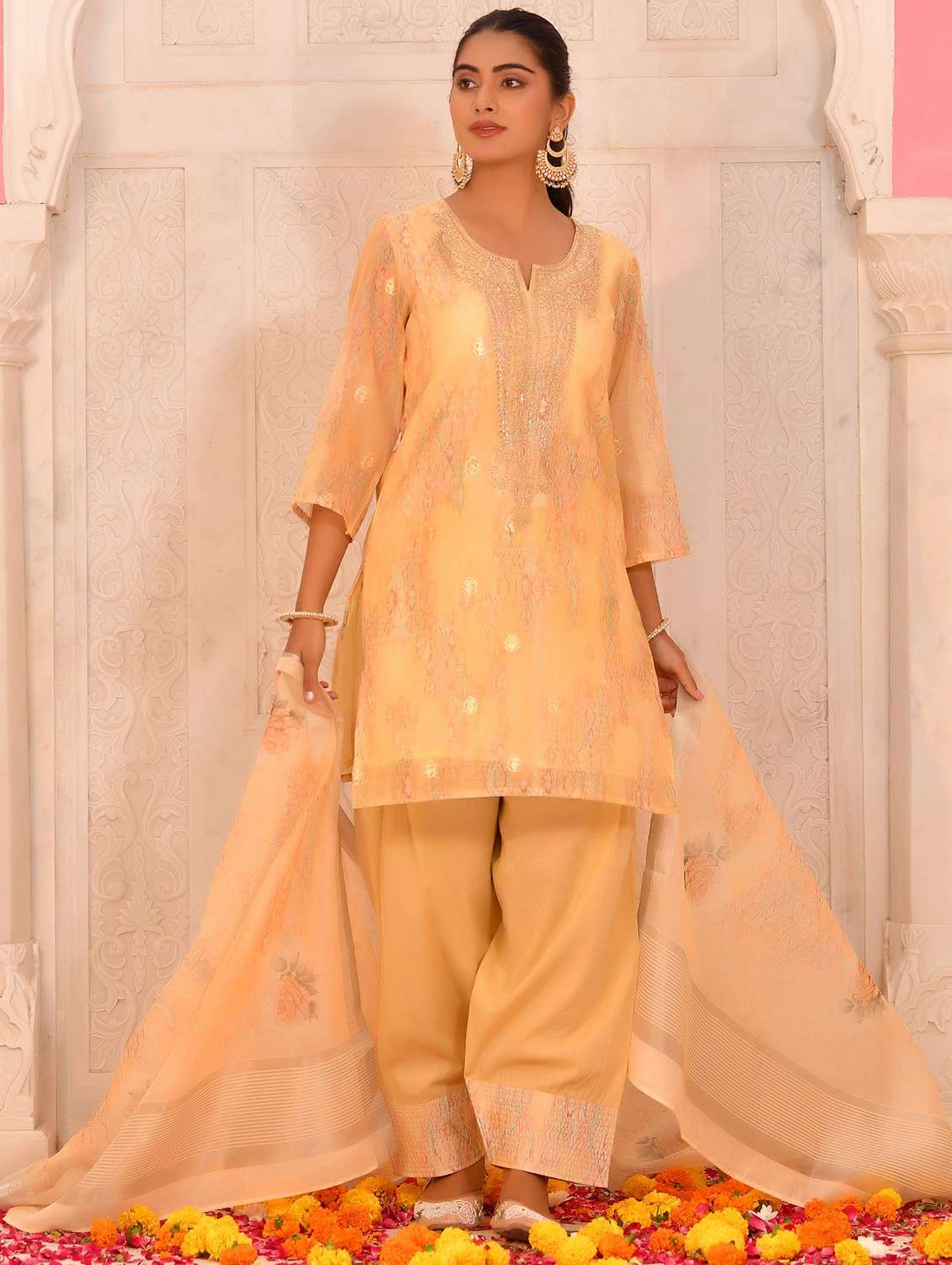 women self design three quarter sleeve kurta salwar with dupatta set