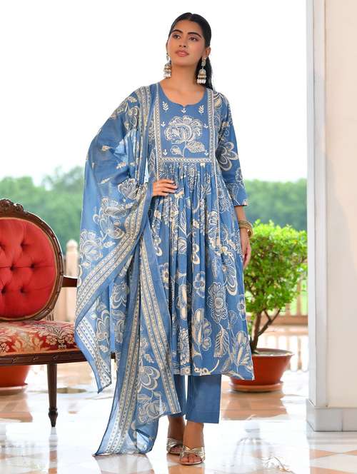 women floral printed three quarter sleeve kurta pant with dupatta set - 22084023 - Standard Image - 0
