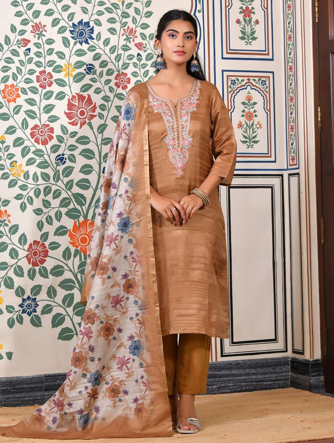 women striped three quarter sleeve kurta pant with dupatta set