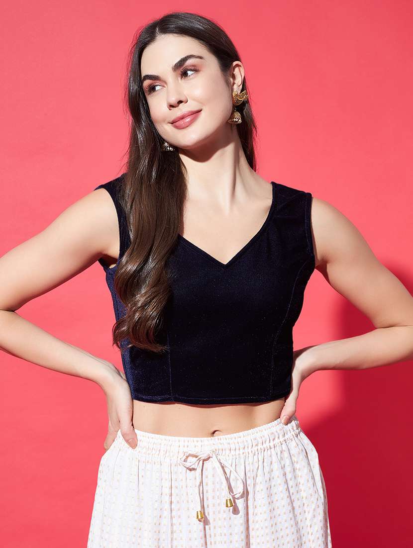 women solid sleeveless stitched velvet blouse - 22084031 -  Zoom Image - 0