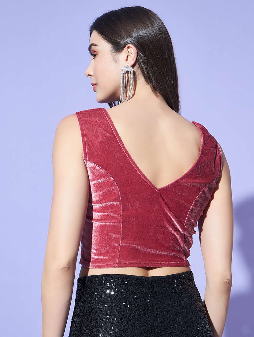 women solid sleeveless stitched velvet blouse - 22084032 - Standard Image - 3