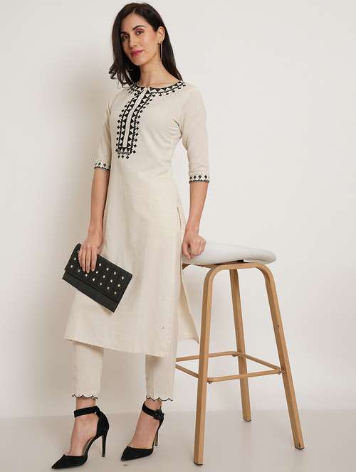 women embroidered three quarter sleeve kurta pant set - 22084036 -  Standard Image - 0