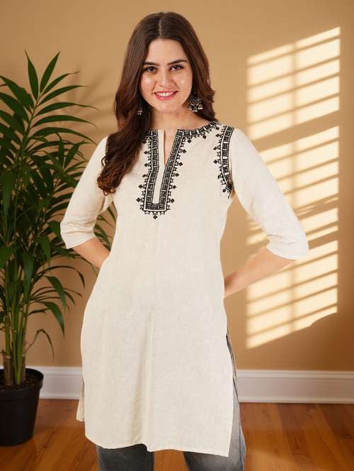 women embroidered three quarter sleeve straight kurti - 22084038 -  Standard Image - 0
