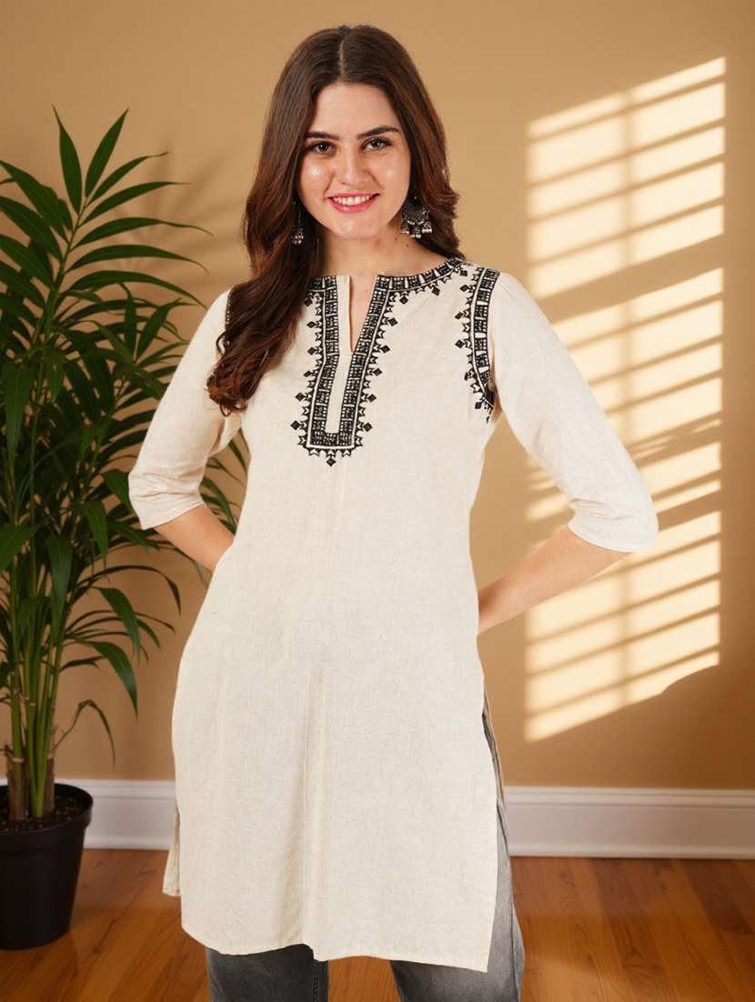 women embroidered three quarter sleeve straight kurti
