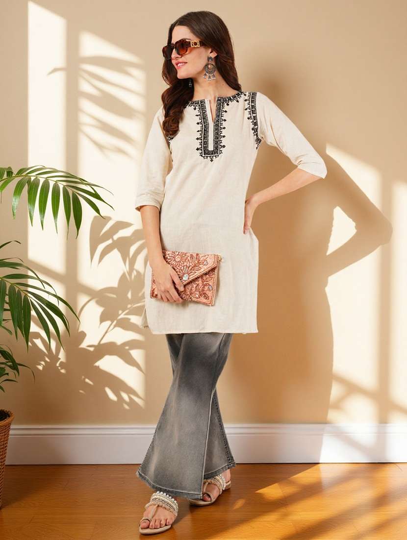 women embroidered three quarter sleeve straight kurti - 22084038 -  Standard Image - 3