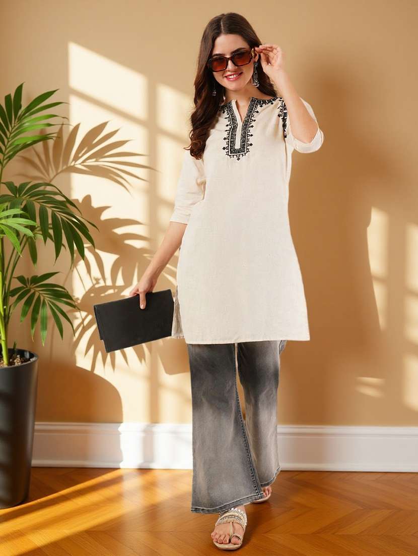 women embroidered three quarter sleeve straight kurti - 22084038 -  Standard Image - 5