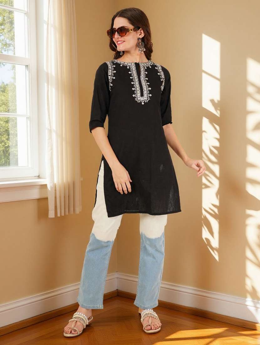 women embroidered three quarter sleeve straight kurti - 22084039 -  Standard Image - 3