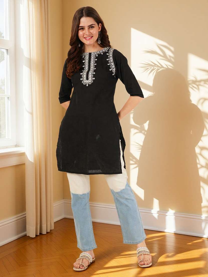 women embroidered three quarter sleeve straight kurti - 22084039 -  Standard Image - 5