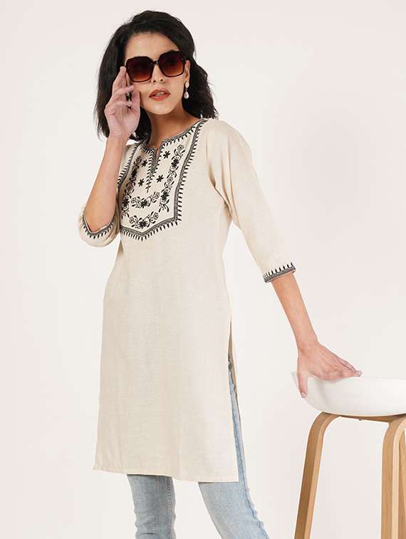 women embroidered three quarter sleeve straight kurti
