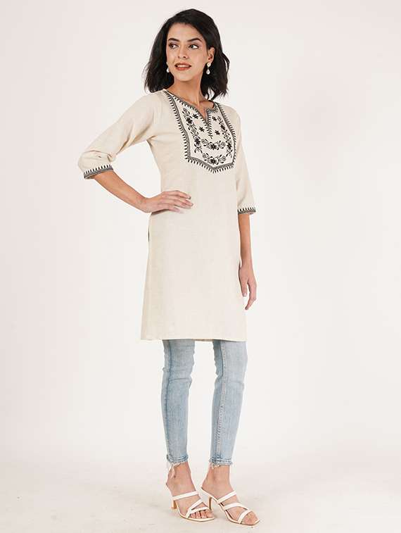 women embroidered three quarter sleeve straight kurti - 22084041 -  Standard Image - 3