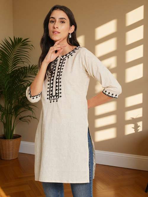 women embroidered three quarter sleeve straight kurti - 22084043 -  Standard Image - 0