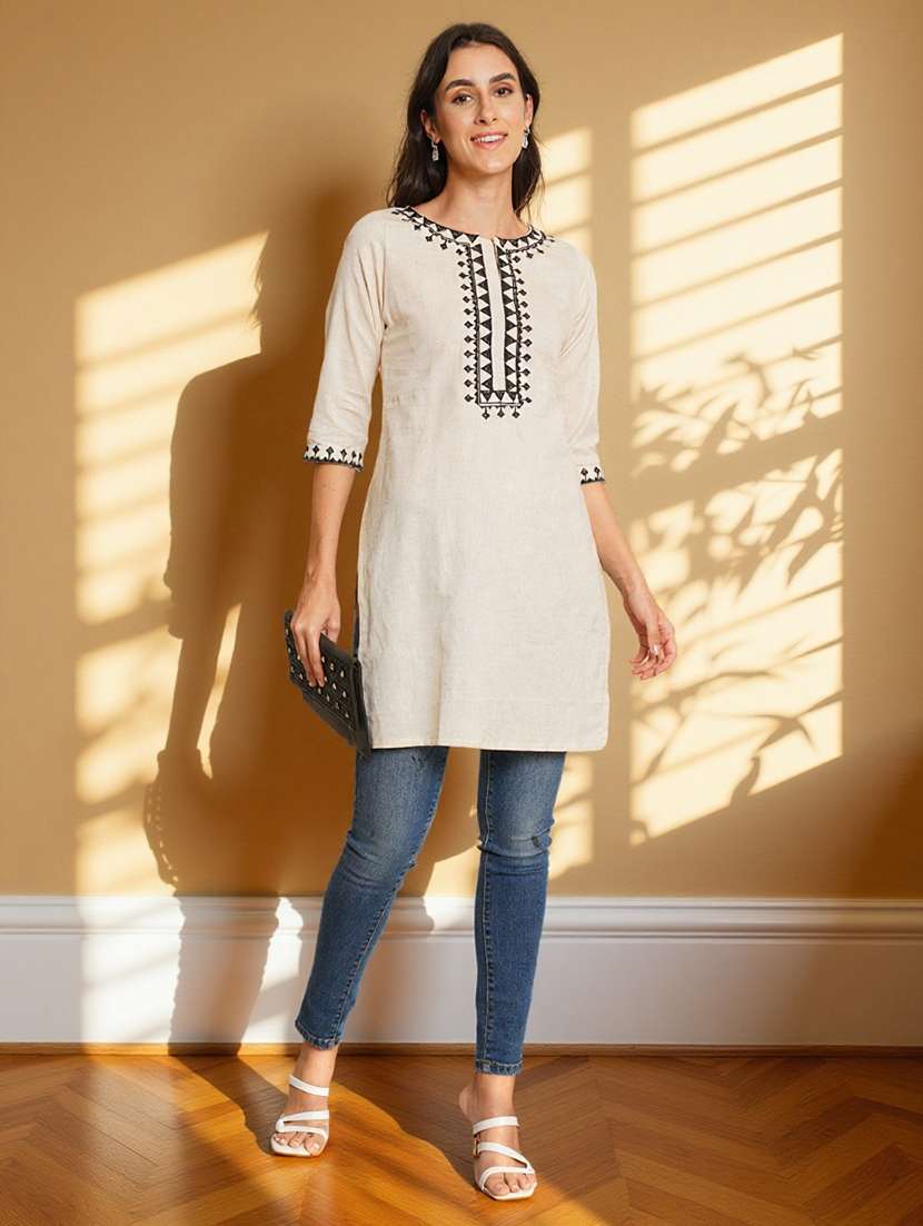 women embroidered three quarter sleeve straight kurti - 22084043 -  Standard Image - 3