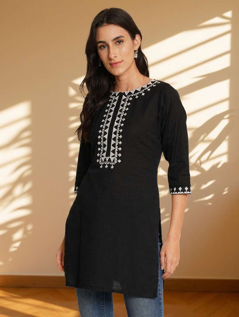 women embroidered three quarter sleeve straight kurti
