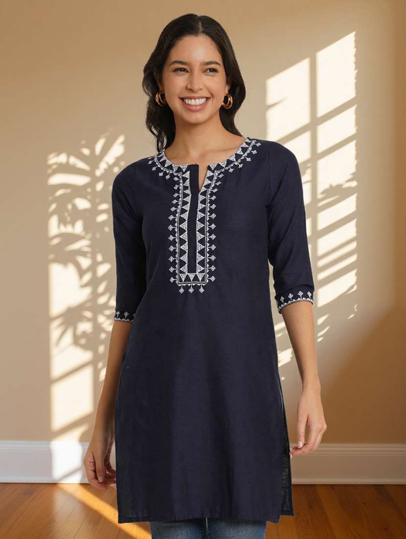 women embroidered three quarter sleeve straight kurti