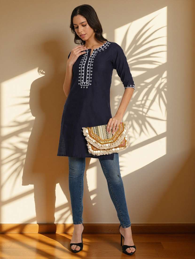 women embroidered three quarter sleeve straight kurti - 22084045 -  Standard Image - 3