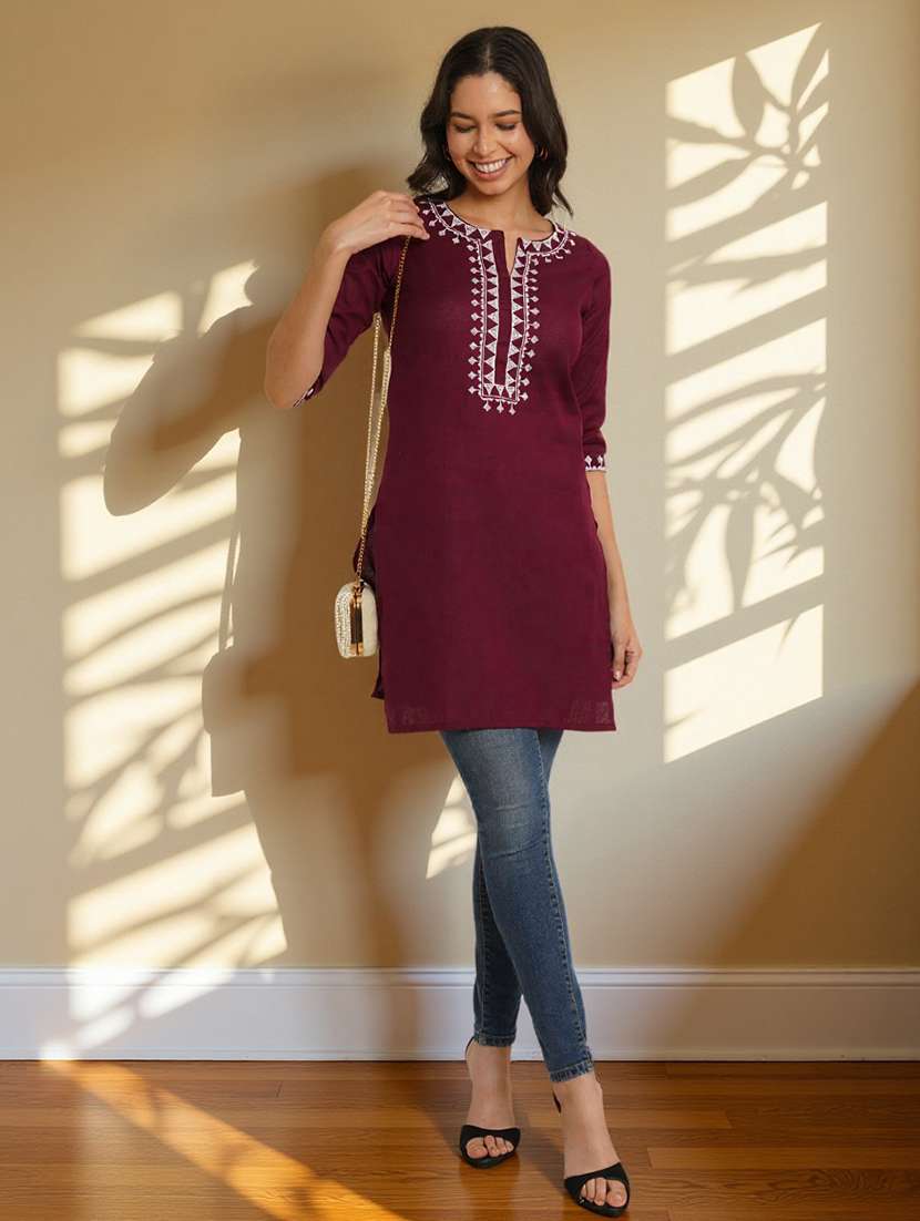 women embroidered three quarter sleeve straight kurti - 22084046 -  Standard Image - 3