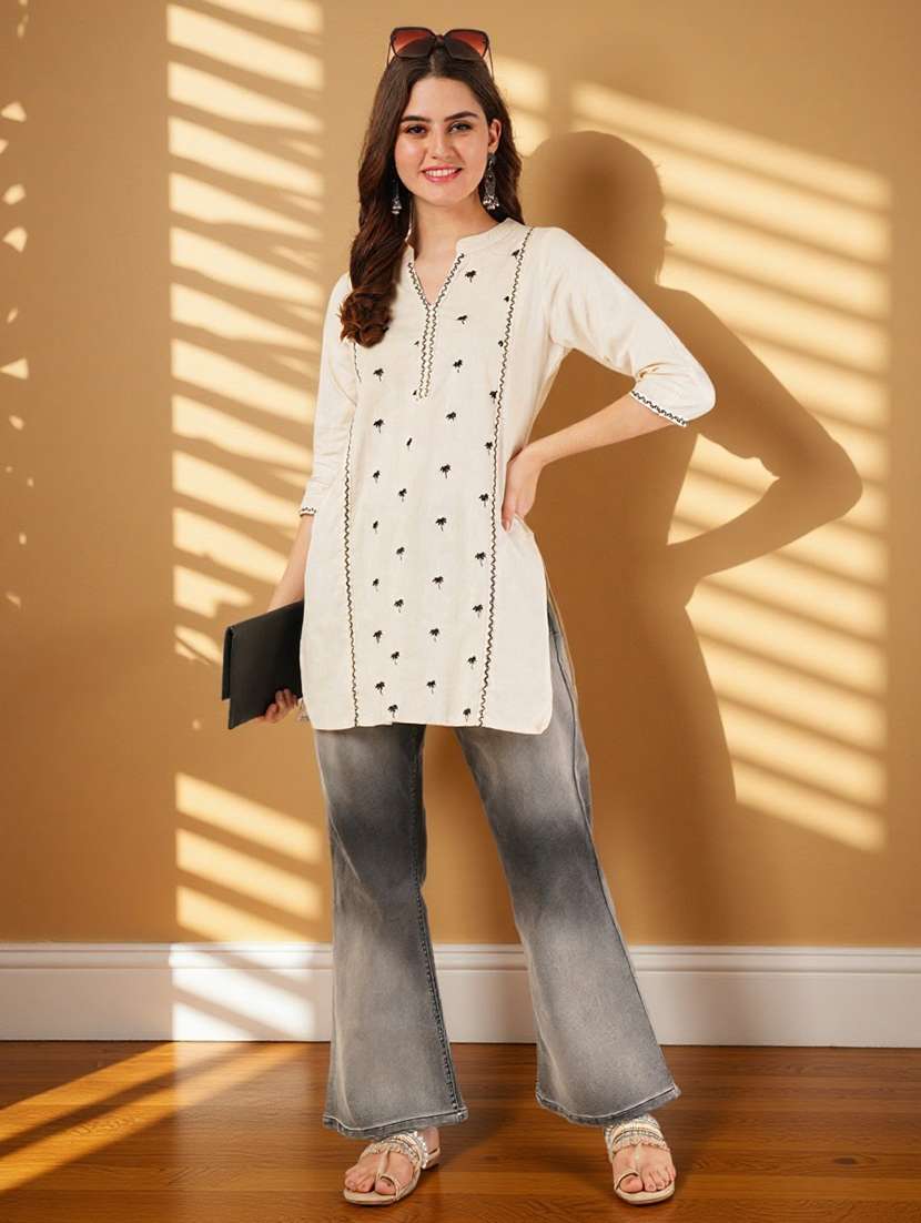 women embroidered three quarter sleeve straight kurti - 22084047 -  Standard Image - 3