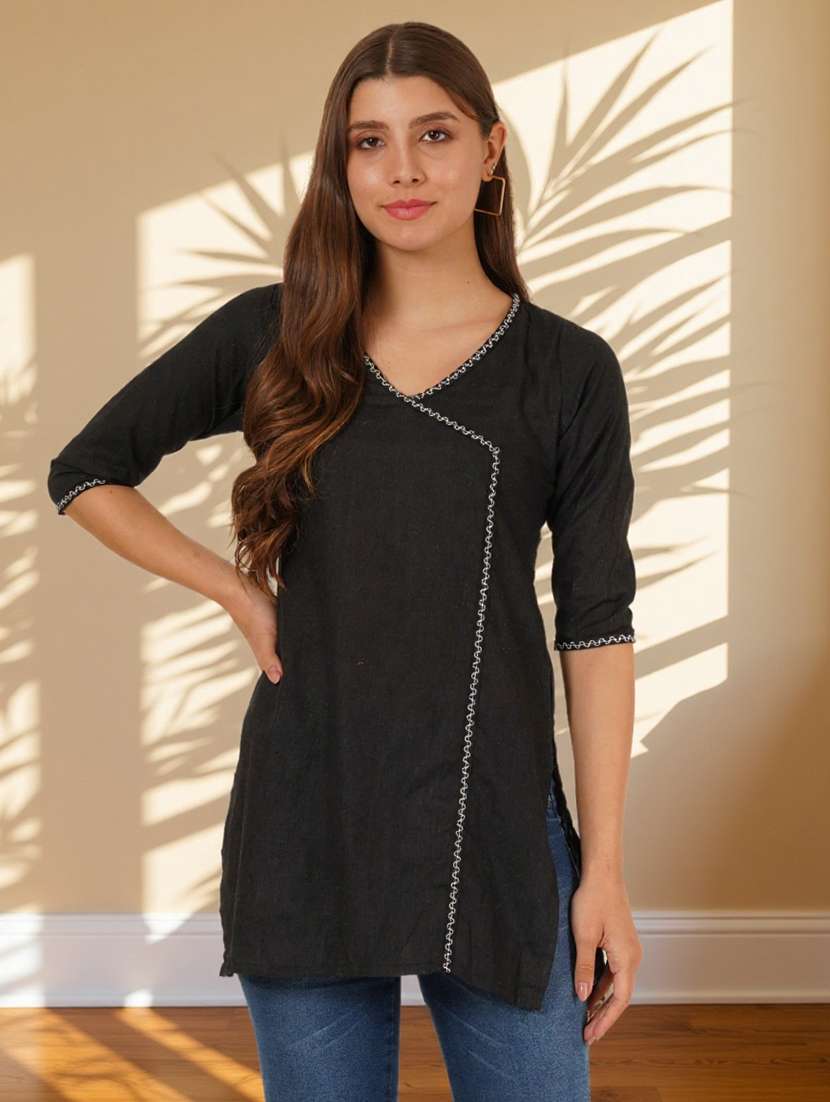 women embroidered three quarter sleeve straight kurti