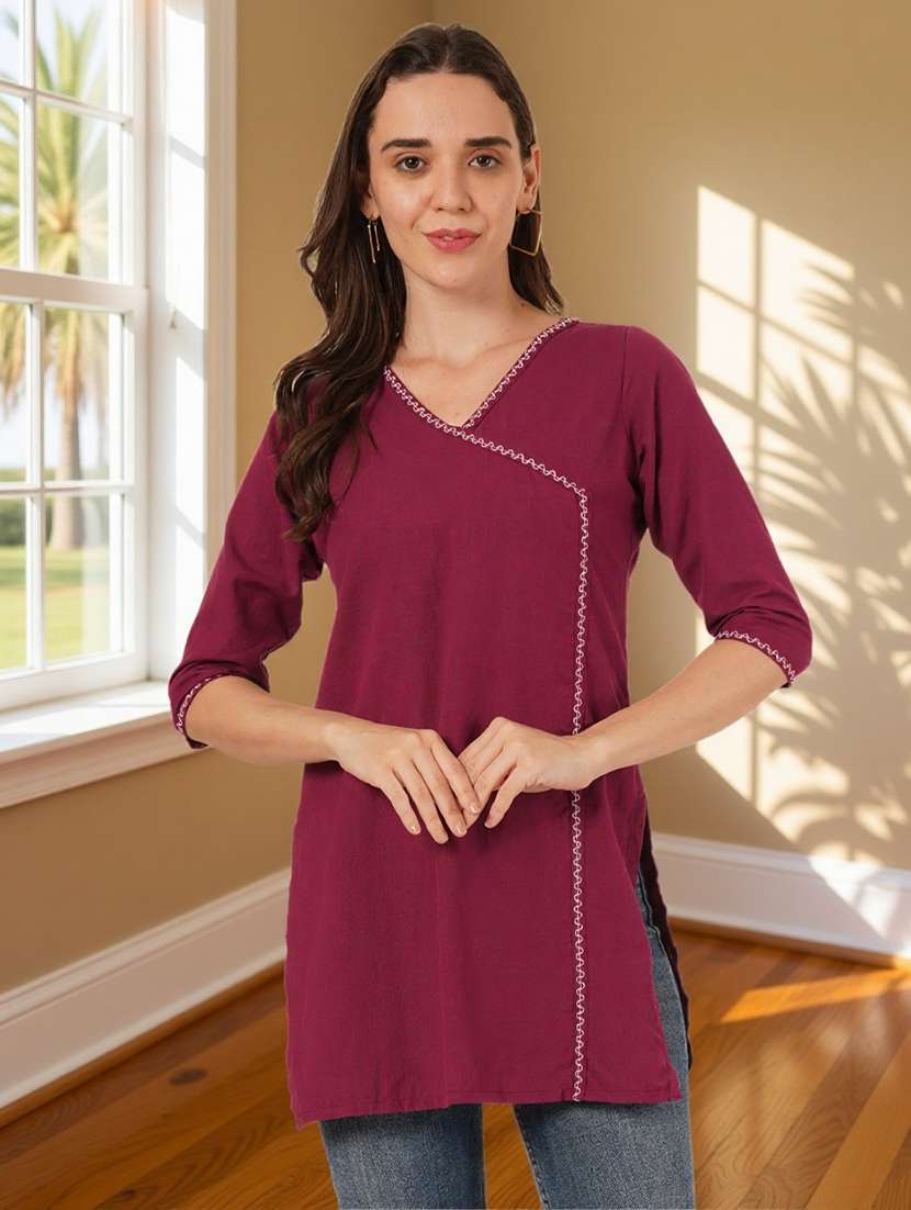 women embroidered three quarter sleeve straight kurti