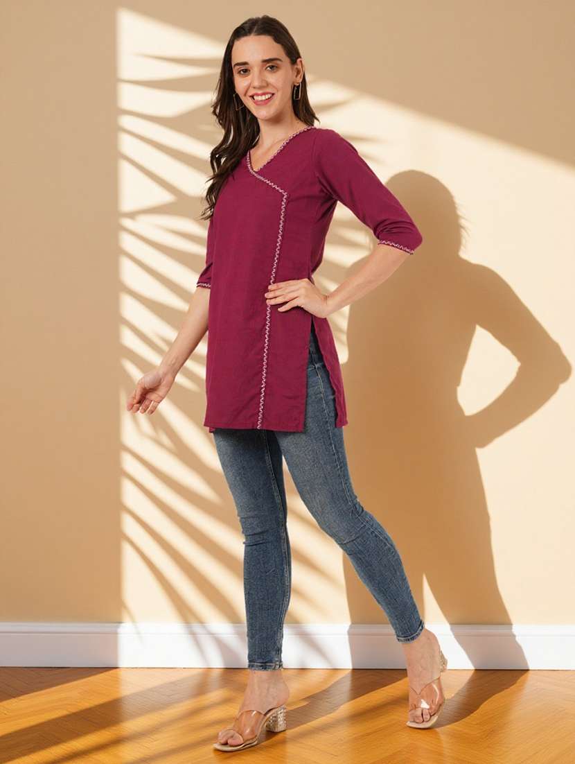 women embroidered three quarter sleeve straight kurti - 22084054 -  Standard Image - 5