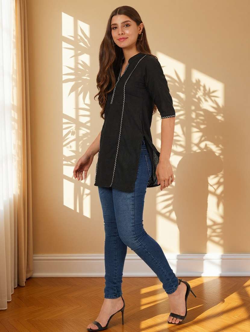 Women Embroidered Three Quarter Sleeve Straight Kurti - 22084056 -  Standard Image - 5
