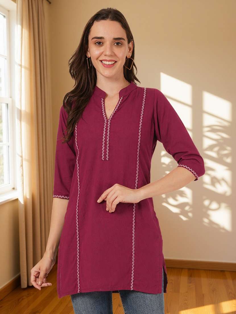 women embroidered three quarter sleeve straight kurti