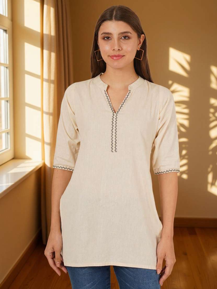 women embroidered three quarter sleeve straight kurti - 22084058 -  Standard Image - 3