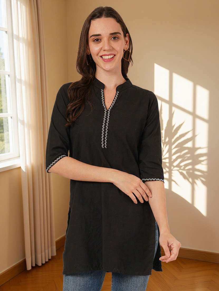women embroidered three quarter sleeve straight kurti