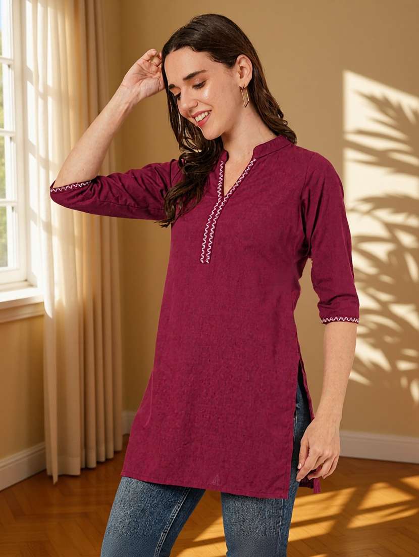 women embroidered three quarter sleeve straight kurti - 22084060 -  Standard Image - 3