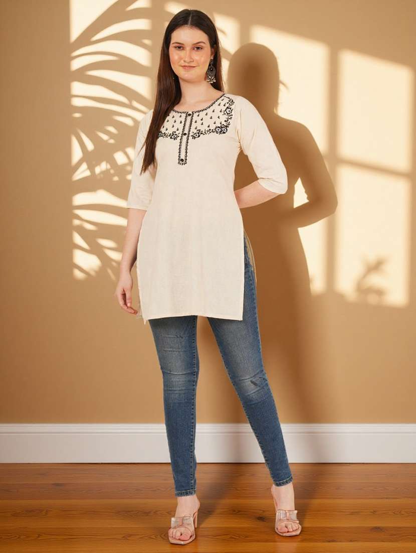 women embroidered three quarter sleeve straight kurti - 22084061 -  Standard Image - 5
